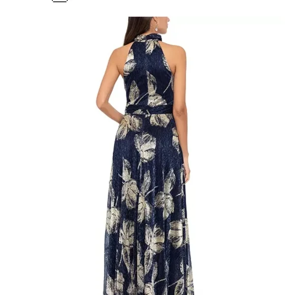 NWT! Betsy & Adam, Women's Metallic Print Halter Gown, Navy, Gold, Sz. 10 - Picture 4 of 10